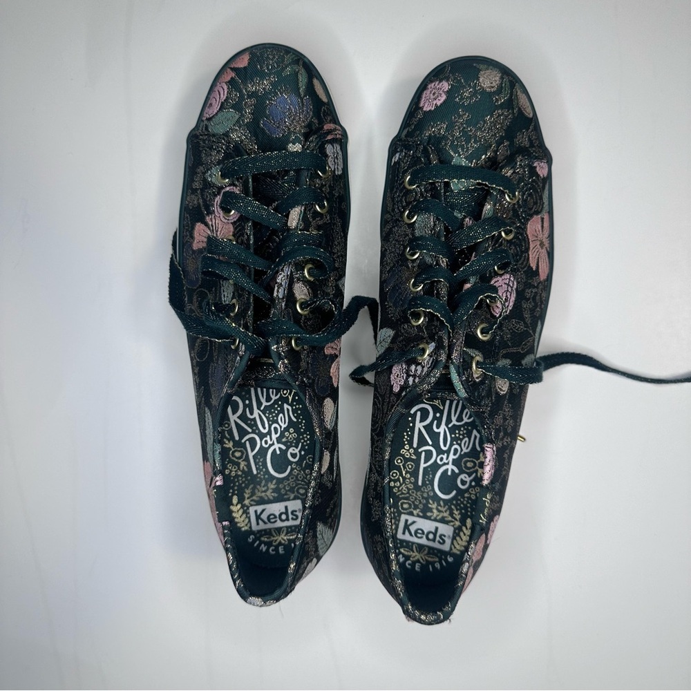 Keds Floral Brocade Low-Top Sneakers in Dark Green and Pink